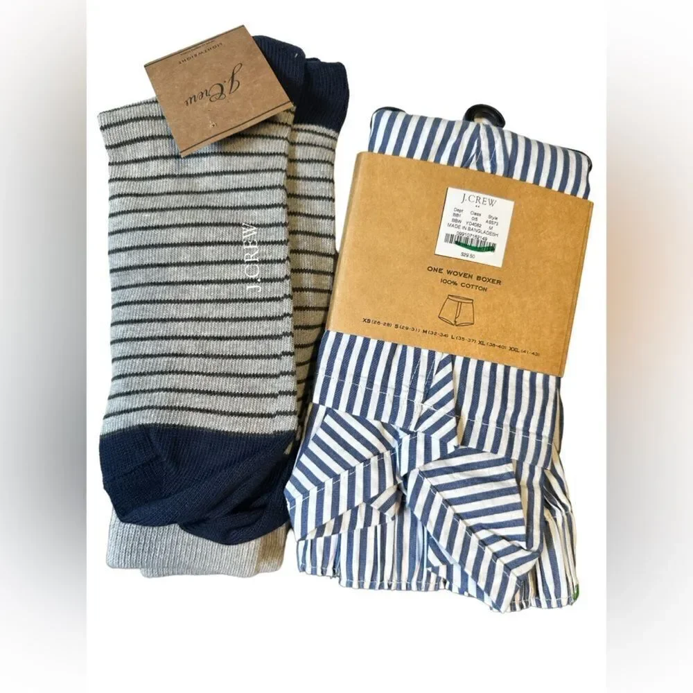 NWT J Crew Men’s Woven Boxer Shorts Blue White Stripe Medium- Dress Socks Stripe